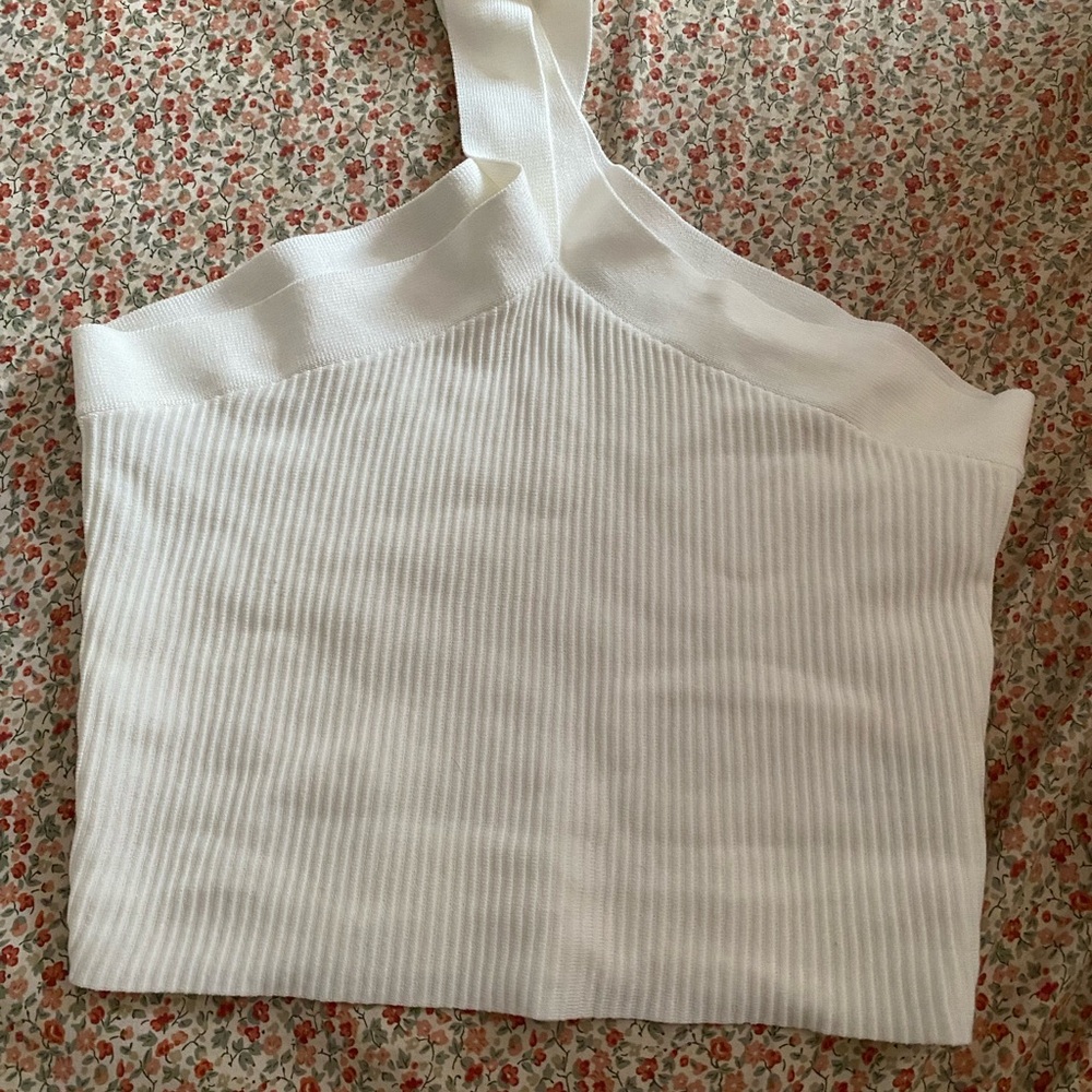 She + Sky White Ribbed Asymmetrical Tank Top